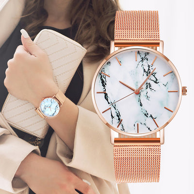 Fashion Rose Gold Mesh Band Creative Marble Female Wristwatch